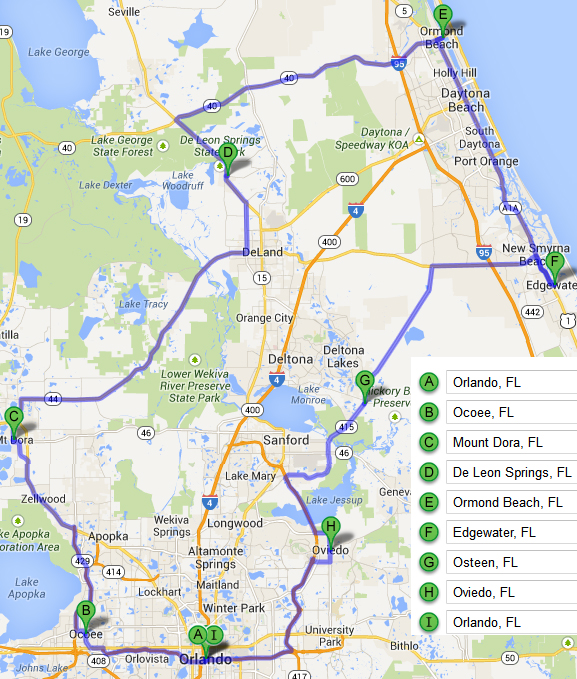 Orlando, Ocoee, Mount Dora, De Leon Springs, Ormond Beach, Edgewater, Osteen, Oviedo, Orlando, FL service area map